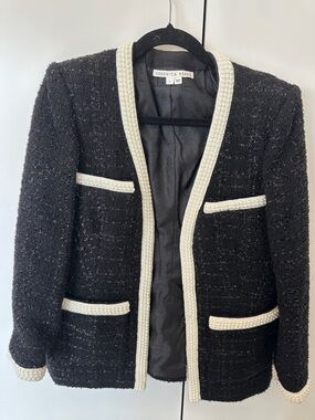 Veronica Beard Black Tweed Jacket with Ivory Pearl Trim